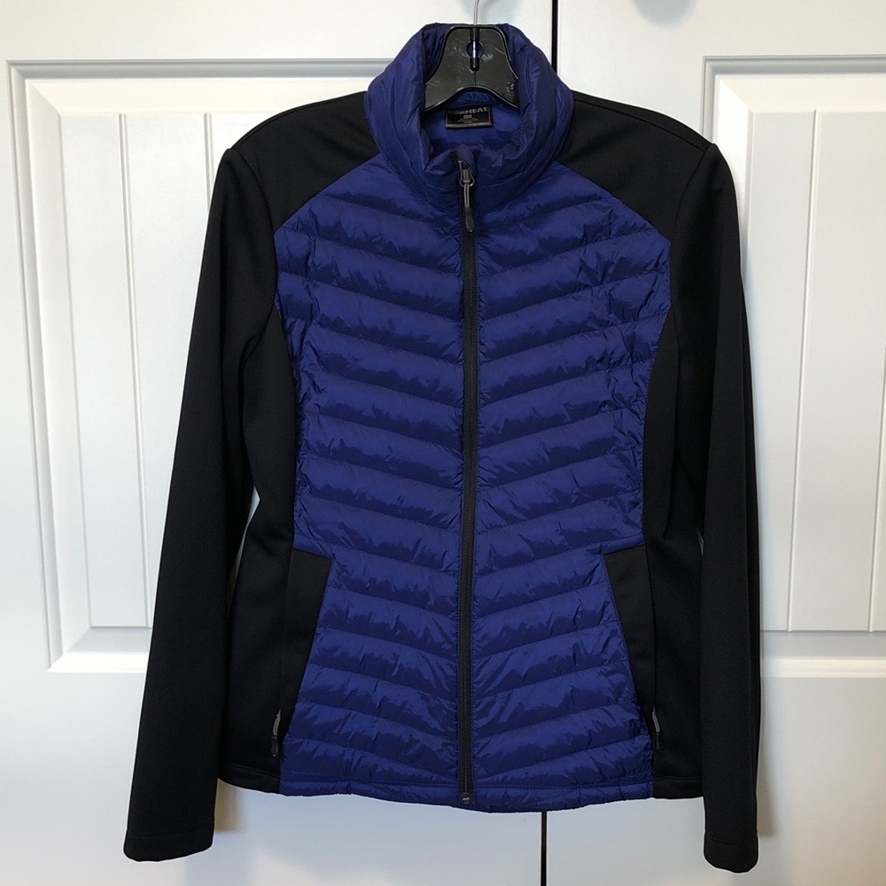 32 Degrees Heat Women's Blue Quilted Puffer Jacket with Black Stretch Panels - M